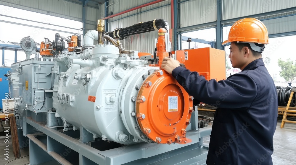 Thai engineer man inspecting machinery in a modern warehouse, wearing a safety helmet and work uniform, surrounded by industrial tools and equipment Thai engineer man inspecting machinery in a modern warehouse, wearing a safety helmet and work uniform, surrounded by industrial tools and equipment