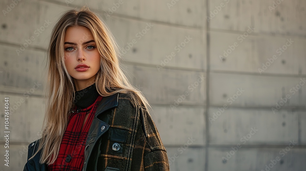 A young woman with long, wavy hair poses confidently in a stylish outfit against a minimalist concrete background. A young woman with long, wavy hair poses confidently in a stylish outfit against a minimalist concrete background.