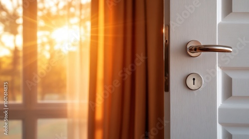 A serene room is revealed through a door slightly ajar, bathed in the warm glow of morning sunlight filtering through soft, flowing curtains covering the windows.