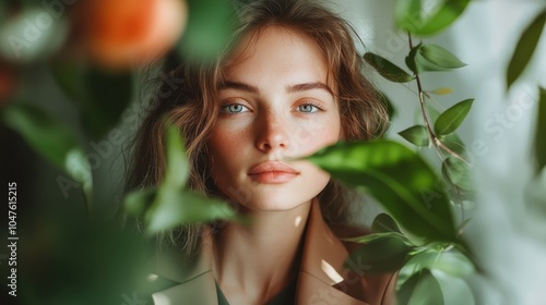 A serene young person looks through lush green foliage, capturing the essence of tranquility, natural beauty, and reflection set in nature's embrace. photo