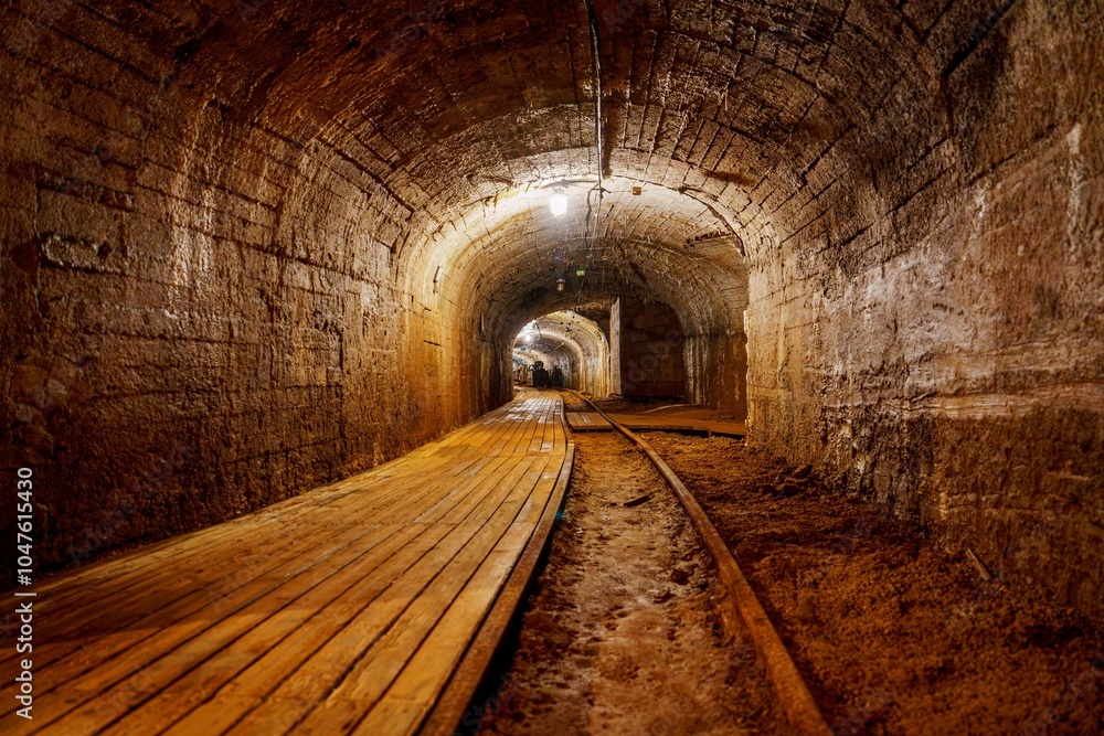 Obraz premium A dimly lit tunnel features a worn wooden walkway and rusty railroad tracks. The rough stone walls add to the dark, mysterious atmosphere of this abandoned passage, cooper mine