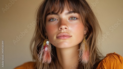 A portrait of a woman with soft brown hair, light freckles, wearing colorful feather earrings, and gazing thoughtfully against a neutral background. photo