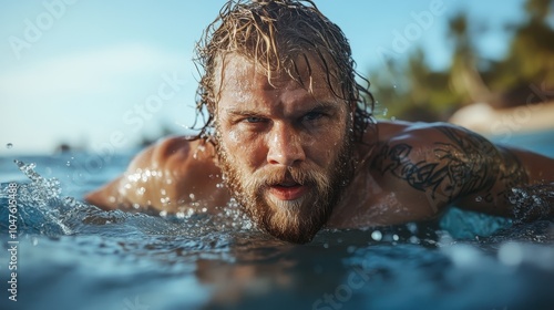 A determined man emerges from the blue ocean waves, his intense gaze reflecting focus and strength, capturing the essence of adventure and vitality along the shore.