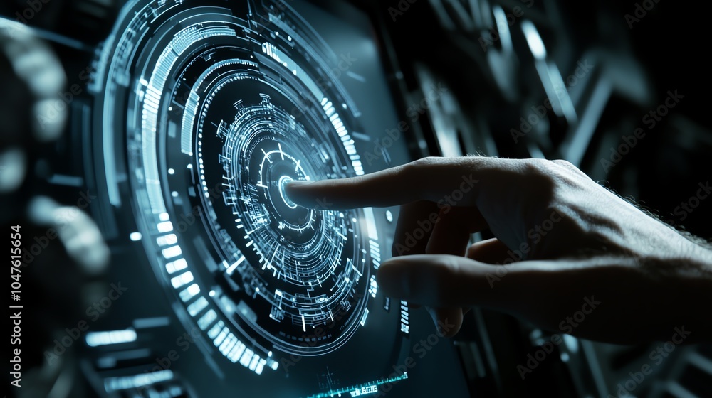 Fototapeta premium Futuristic digital interface with hand interacting, blurred background.
