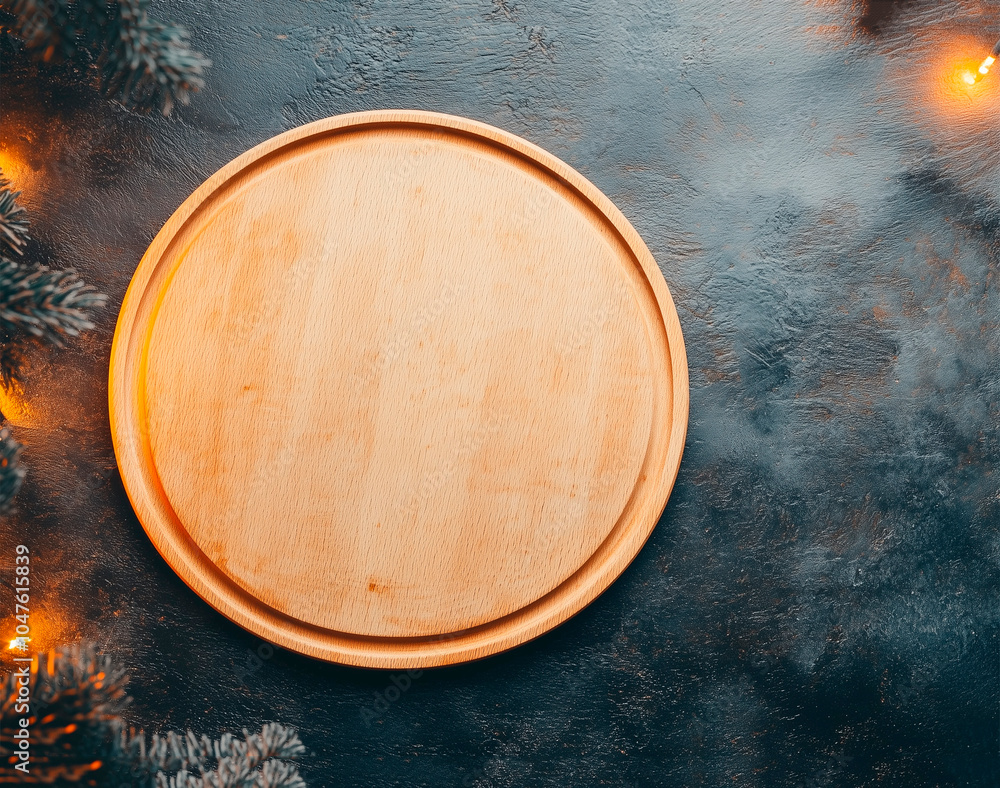 Fototapeta premium Wooden round board mockup holiday theme