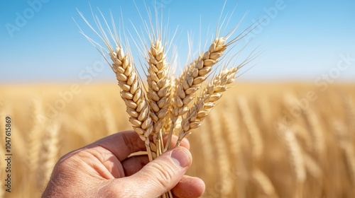 A hand grasping golden ripe wheat ears, set against a clear blue sky, capturing the essence of nature and agriculture, and symbolizing growth and prosperity.