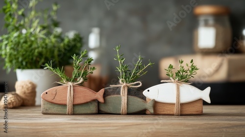 Three carved wooden fish are artistically adorned with herbs, representing a blend of natural and rustic aesthetics, displayed on a textured wooden surface.