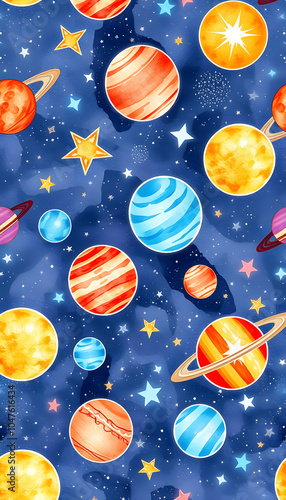 Watercolor seamless pattern with space, stars and planets. Hand-drawn children texture with cosmos isolated with white highlights, png