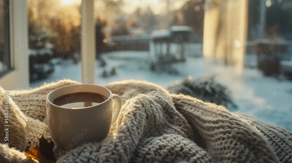 A warm cup of coffee rests on a soft blanket while sunlight streams through a frosty window, illuminating a serene winter landscape. The scene evokes a feeling of comfort and relaxation. A warm cup of coffee rests on a soft blanket while sunlight streams through a frosty window, illuminating a serene winter landscape. The scene evokes a feeling of comfort and relaxation.