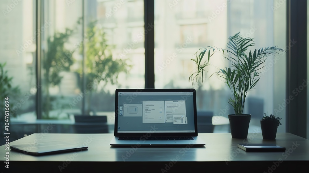 Fototapeta premium Modern workspace with laptop and plants on desk, large window view.