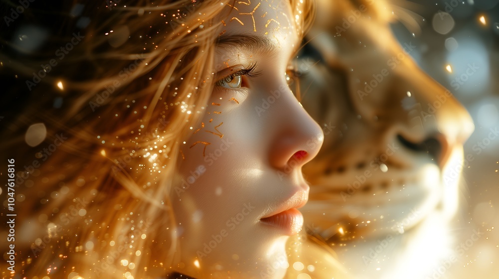 Creative image of the astrological zodiac sign of Leo. Beautiful magic young woman glowing lion on background. Creative image of the astrological zodiac sign of Leo. Beautiful magic young woman glowing lion on background.