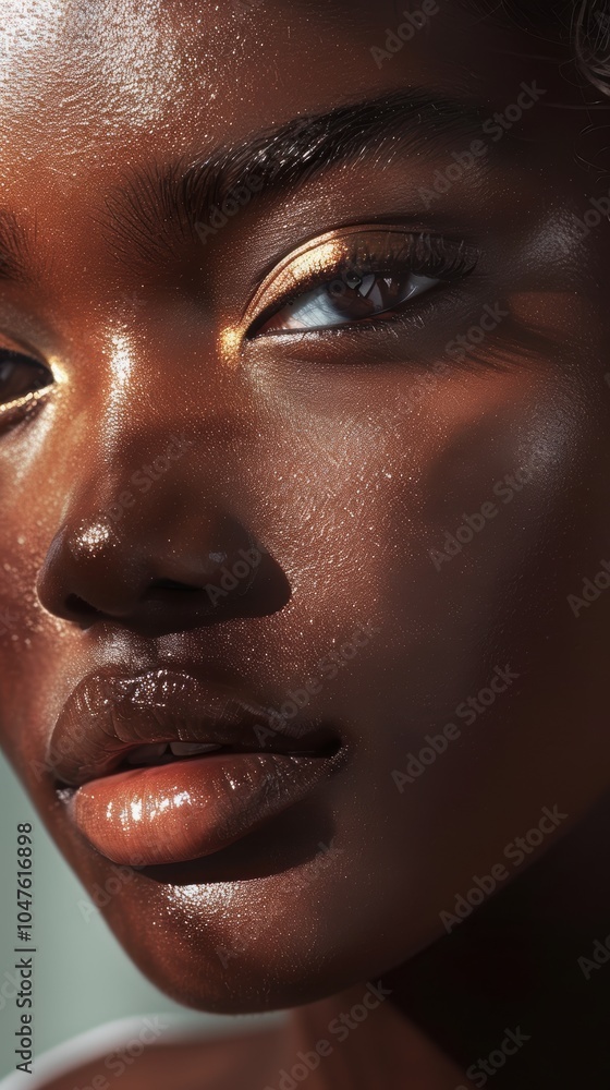 Close-up of a model showcasing makeup, flawless skin, and curly hair in a fashion editorial style Close-up of a model showcasing makeup, flawless skin, and curly hair in a fashion editorial style