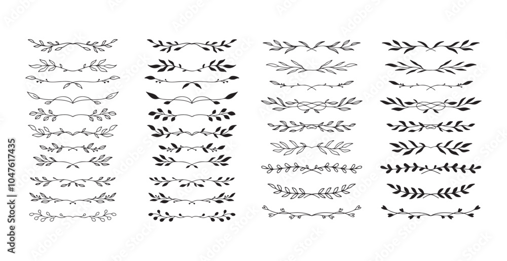 Obraz premium Set hand drawn floral elements isolated doodle line style. Outline silhouette branches.