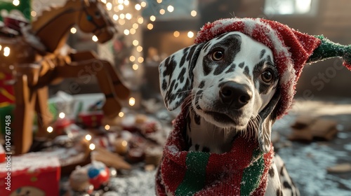 A festive scene featuring a Dalmatian dog wearing a red and green hat and scarf amidst holiday decorations, with a toy rocking horse and string lights in the background. photo