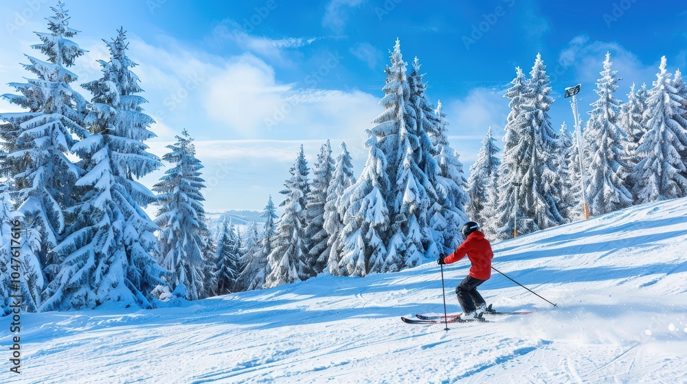 Person skiing down a snowy mountain slope, with tall evergreen trees in the background and a clear blue winter sky overhead Person skiing down a snowy mountain slope, with tall evergreen trees in the background and a clear blue winter sky overhead