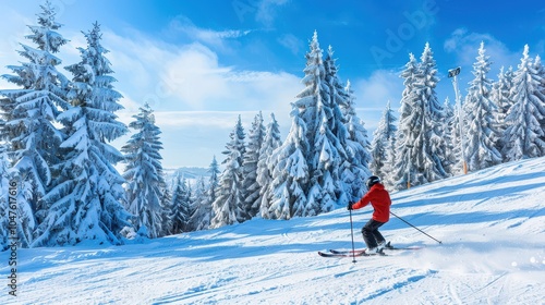 Person skiing down a snowy mountain slope, with tall evergreen trees in the background and a clear blue winter sky overhead 