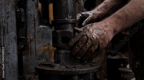 Worker with dirty hands operating heavy machinery in an industrial setting.