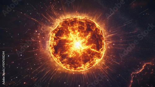 A neutron star that formed after a massive supernova explosion, emitting its energy and a golden glow, where neutrons are the main component formed by the combination of protons and electrons.