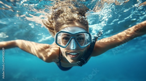 A woman is swimming in the ocean wearing a black snorkel and goggles