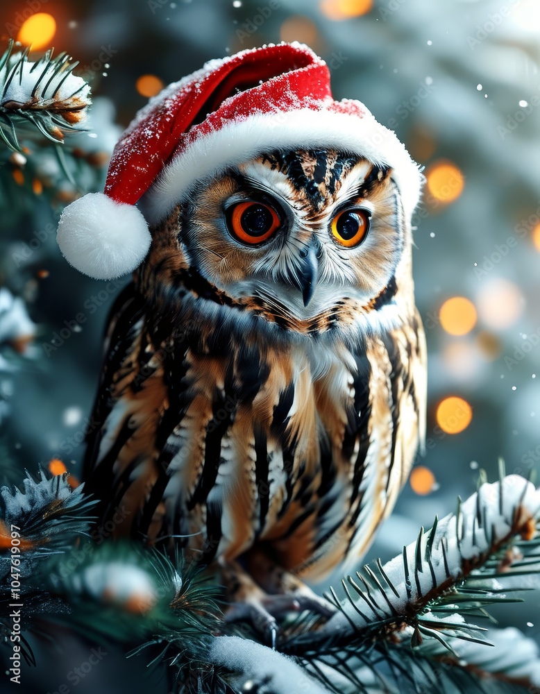 Realistic Christmas owl wearing a Santas Hat, magical winter decoration, cute Xmas animal, snow, Christmas ornaments, festive holiday, animal, cozy snow-covered scene, holiday animal decor Realistic Christmas owl wearing a Santas Hat, magical winter decoration, cute Xmas animal, snow, Christmas ornaments, festive holiday, animal, cozy snow-covered scene, holiday animal decor