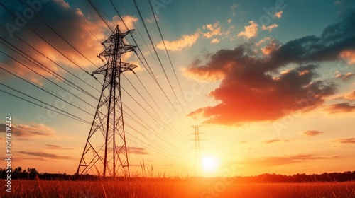 High voltage power lines tower above an open landscape during sunset. The golden and orange hues create a stunning vista highlighting modern energy infrastructure.