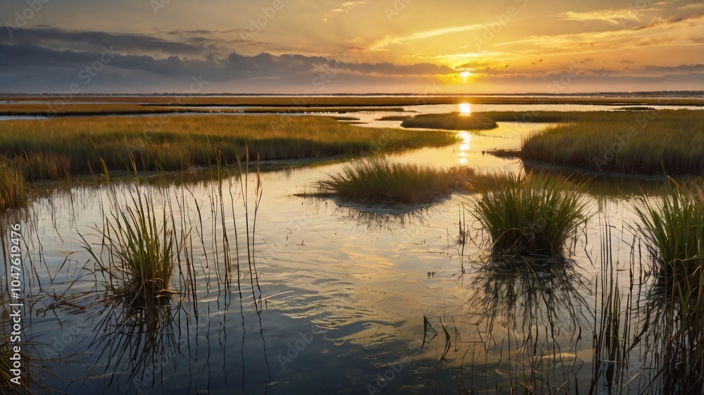 Golden Hour Bathes a Serene Coastal Marsh in Warm Light Golden Hour Bathes a Serene Coastal Marsh in Warm Light