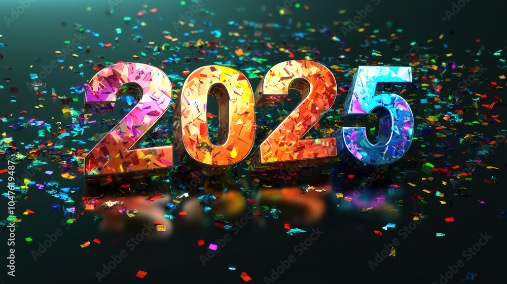 Celebrate arrival of new year with vibrant numbers 2025 surrounded by colorful confetti, creating festive and joyful atmosphere Celebrate arrival of new year with vibrant numbers 2025 surrounded by colorful confetti, creating festive and joyful atmosphere