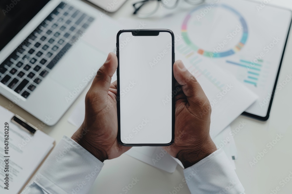Business professional using a smartphone in an office, checking schedules and social media while connecting with clients through technology Business professional using a smartphone in an office, checking schedules and social media while connecting with clients through technology