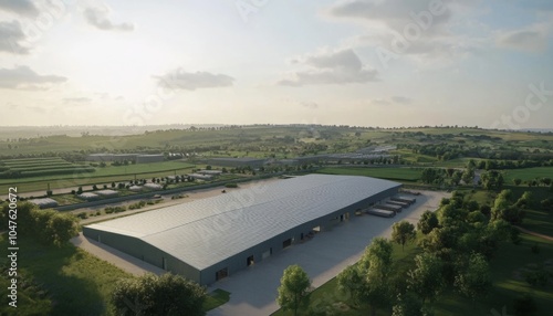 Aerial view of a modern warehouse distribution center. 
