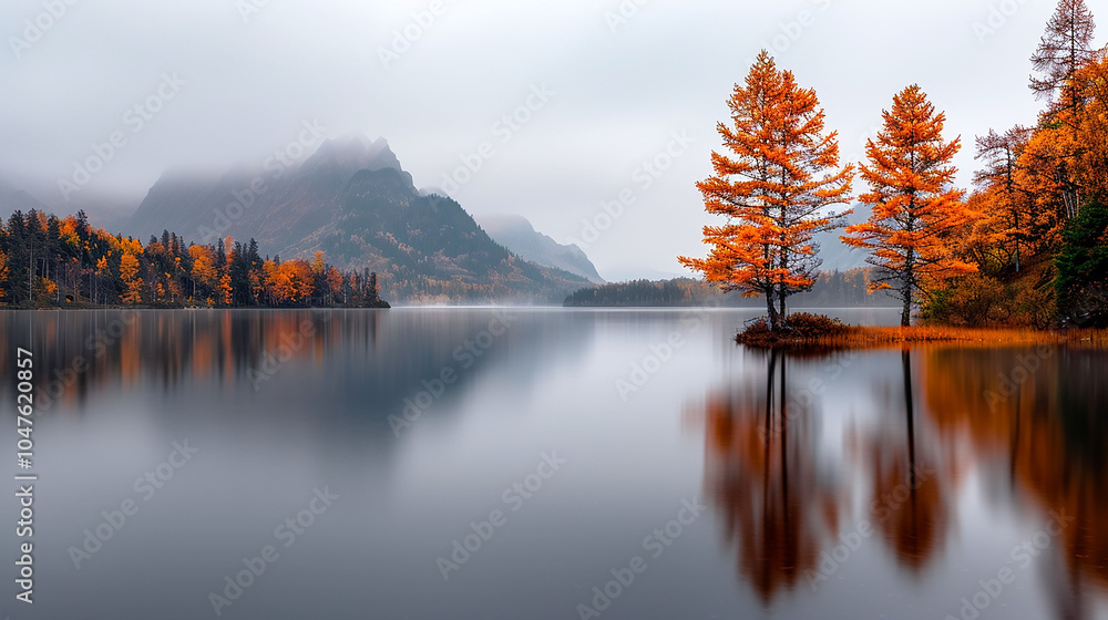autumn in the mountains A misty morning over a calm lake with reflections of towering pine trees and distant mountains autumn in the mountains A misty morning over a calm lake with reflections of towering pine trees and distant mountains
