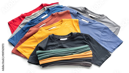 Pile of colorful t-shirts on white background