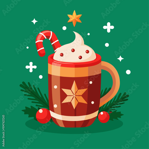 Cozy Christmas Cocoa: A festive mug of hot cocoa with whipped cream, a candy cane, and a star-shaped sprinkle, all set against a festive green background with holly and pine branches.