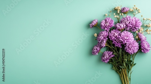 Artistic arrangement of violet chrysanthemums laid against a vibrant teal background, signifying boldness, creativity, and natural beauty in a serene composition. photo