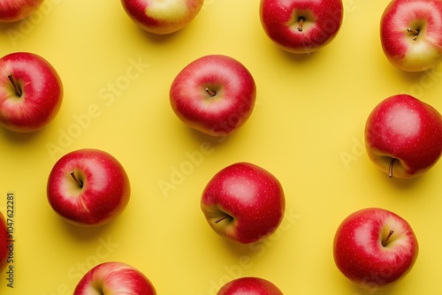 A row of red apples on a yellow background