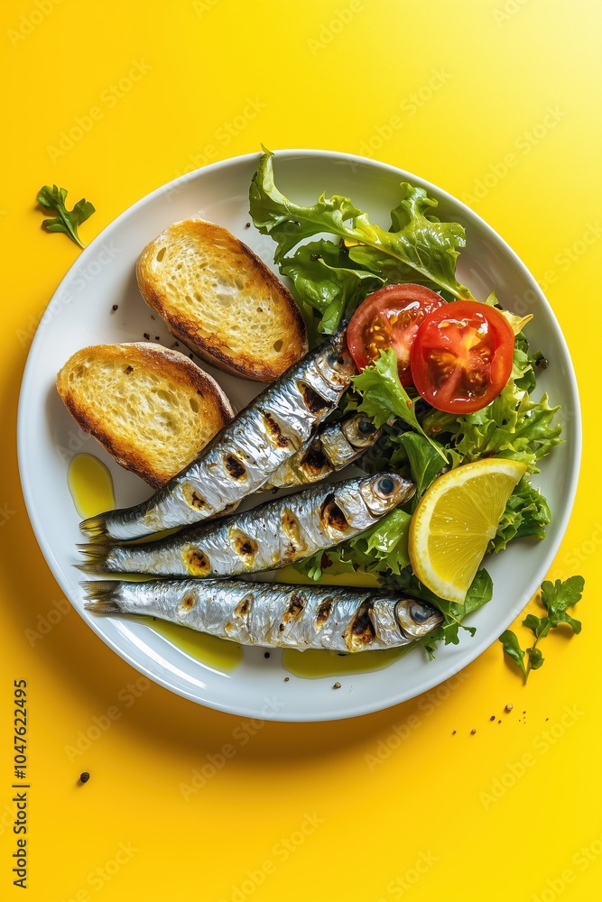 A plate of fish and vegetables with a yellow background A plate of fish and vegetables with a yellow background