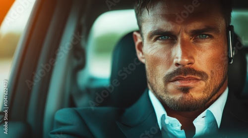 An intense, focused man in a car projects strength and control, as he navigates through an environment of uncertainty, embodying leadership and resolve.