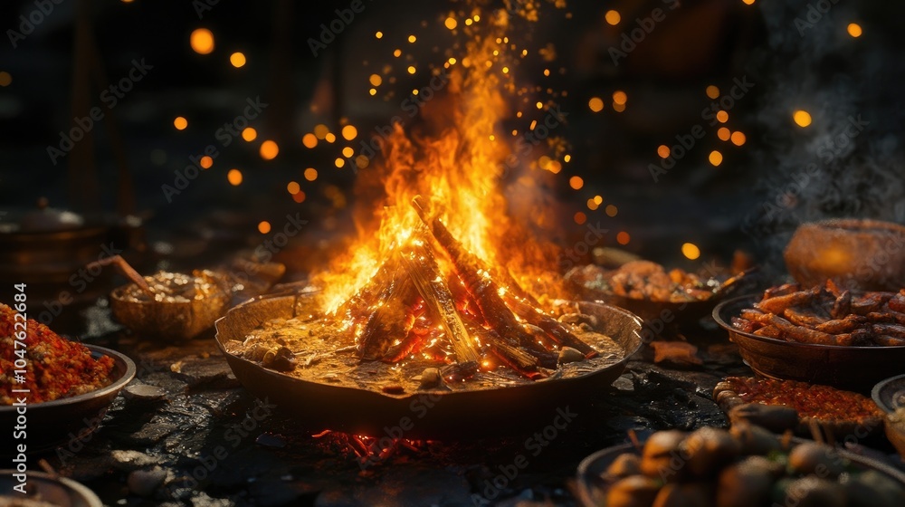 An inviting bonfire surrounded by delicious food items, representing the warmth of Makar Sankranti celebrations. An inviting bonfire surrounded by delicious food items, representing the warmth of Makar Sankranti celebrations.