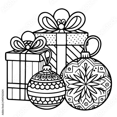 Christmas Gift Line Art: Festive presents and ornaments ready for coloring.  A delightful illustration perfect for holiday crafts and coloring books. 