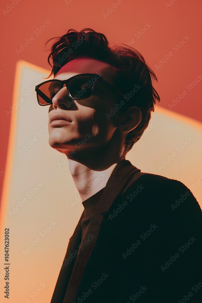 Fototapeta premium Fashion shooting man model in stylish sunglasses on minimalist background