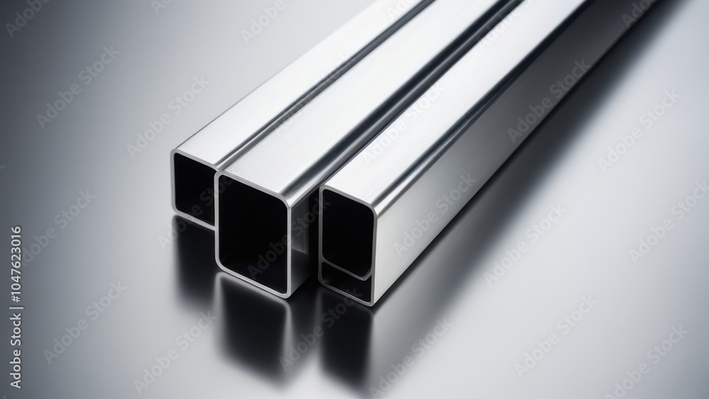 Realistic aluminum square tubing in various sizes, perfect for illustrating architectural, engineering, or industrial applications. Realistic aluminum square tubing in various sizes, perfect for illustrating architectural, engineering, or industrial applications.