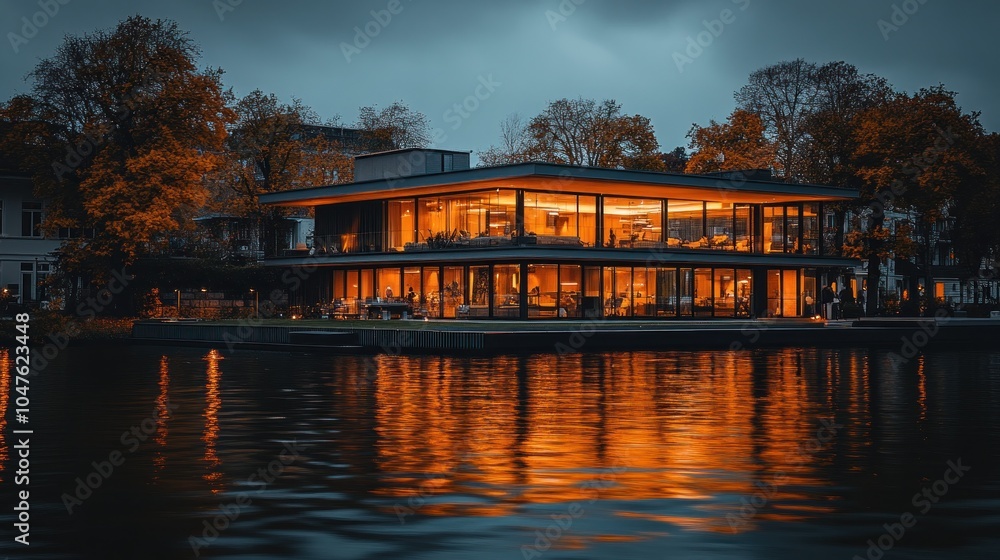 A modern, glass-fronted building with warm interior lighting, illuminated by the setting sun, is reflected in the calm waters of a lake. A modern, glass-fronted building with warm interior lighting, illuminated by the setting sun, is reflected in the calm waters of a lake.