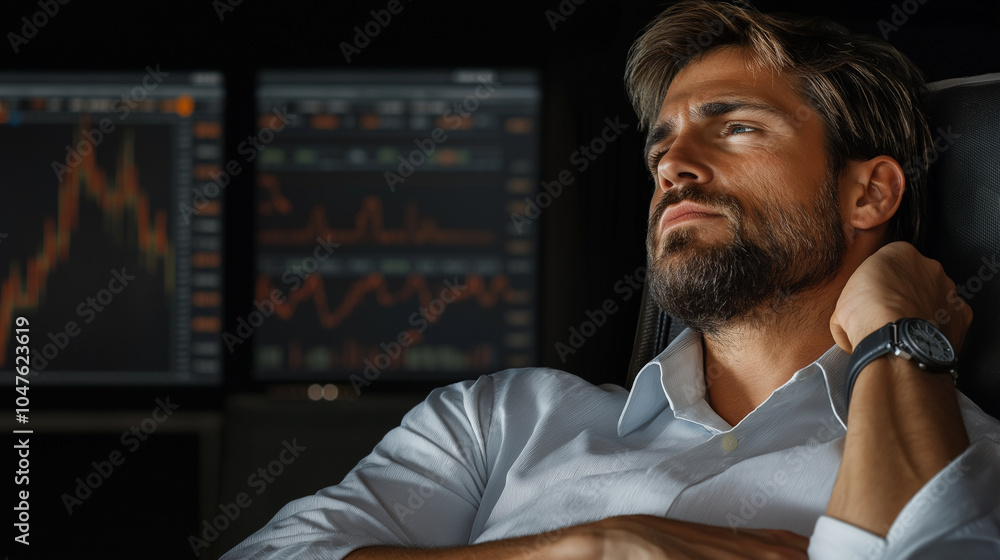 A bored stockbroker leaning back in his chair, arms crossed, with a weary look on his face as he stares at stock data on his screens. The trading floor around him is chaotic, but h A bored stockbroker leaning back in his chair, arms crossed, with a weary look on his face as he stares at stock data on his screens. The trading floor around him is chaotic, but h