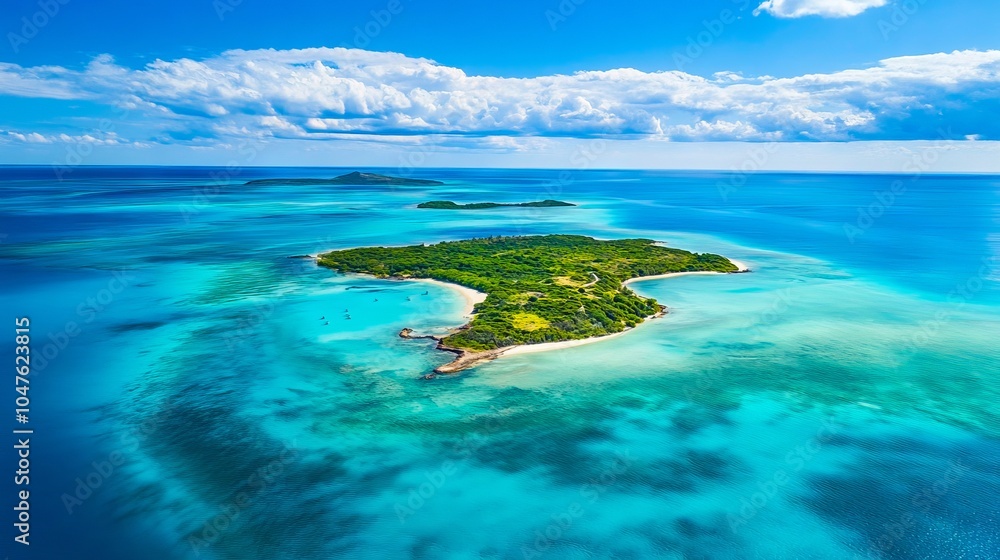 Obraz premium A small island in the middle of the ocean surrounded by clear blue water
