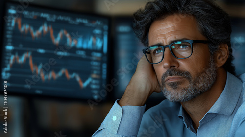 A stockbroker in the middle of a trading floor, leaning on his desk with a bored expression, glancing at his multiple monitors without interest. The screens show fluctuating stock