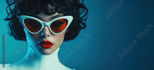 Fashionable figure in striking sunglasses poses elegantly against a vibrant blue backdrop