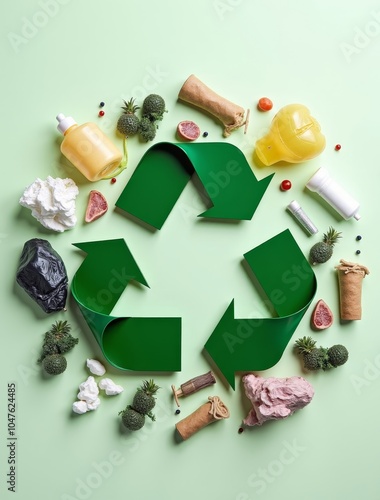 green recycle symbol surrounded with waste items