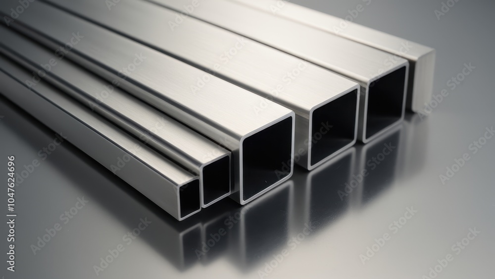 Realistic aluminum square tubing in various sizes, perfect for illustrating architectural, engineering, or industrial applications. Realistic aluminum square tubing in various sizes, perfect for illustrating architectural, engineering, or industrial applications.