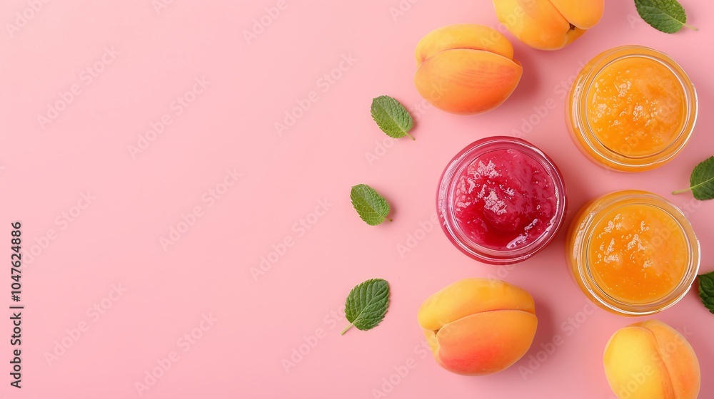 Peach and berry jams in jars surrounded by fresh peaches, apricots, and green leaves on a pink background, providing a minimalistic layout with copy space for fruit, jams, and summer themes.
Peach and berry jams in jars surrounded by fresh peaches, apricots, and green leaves on a pink background, providing a minimalistic layout with copy space for fruit, jams, and summer themes.