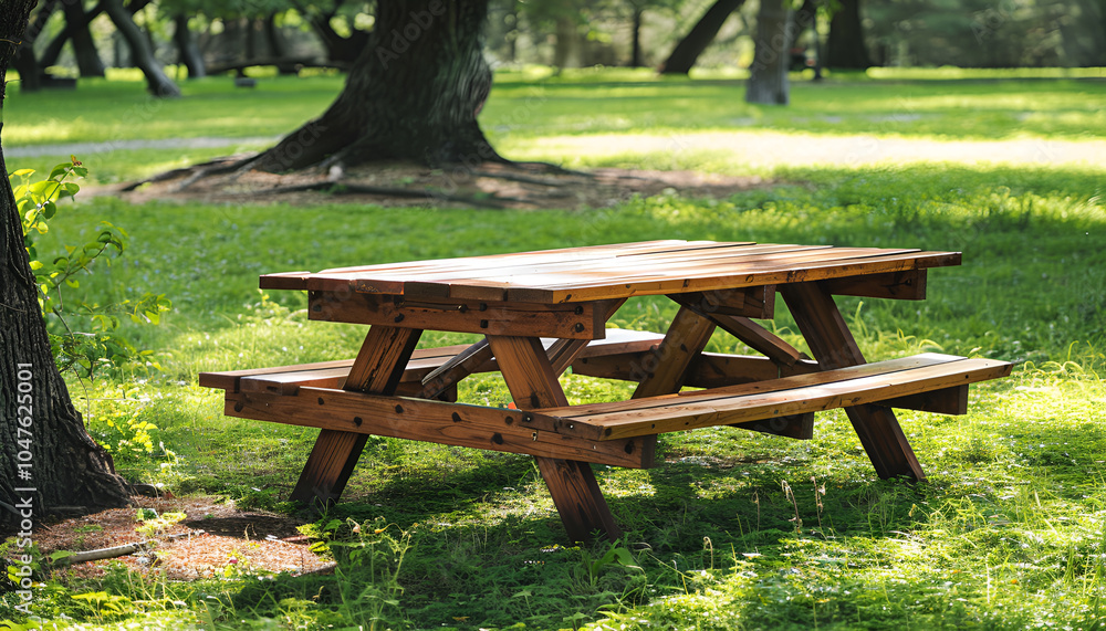 Naklejka premium Wooden picnic table with benches in green park. Space for text