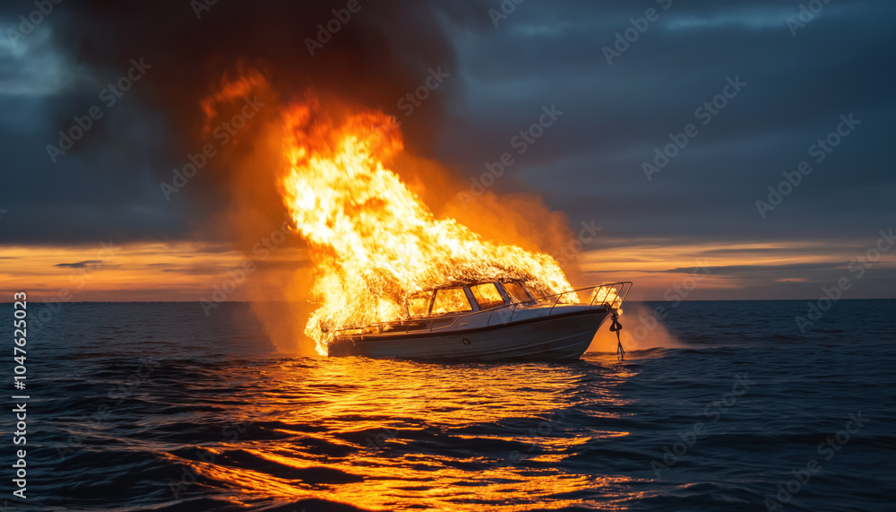 Small motor boat on fire, flames visible in evening dark. Generative AI
